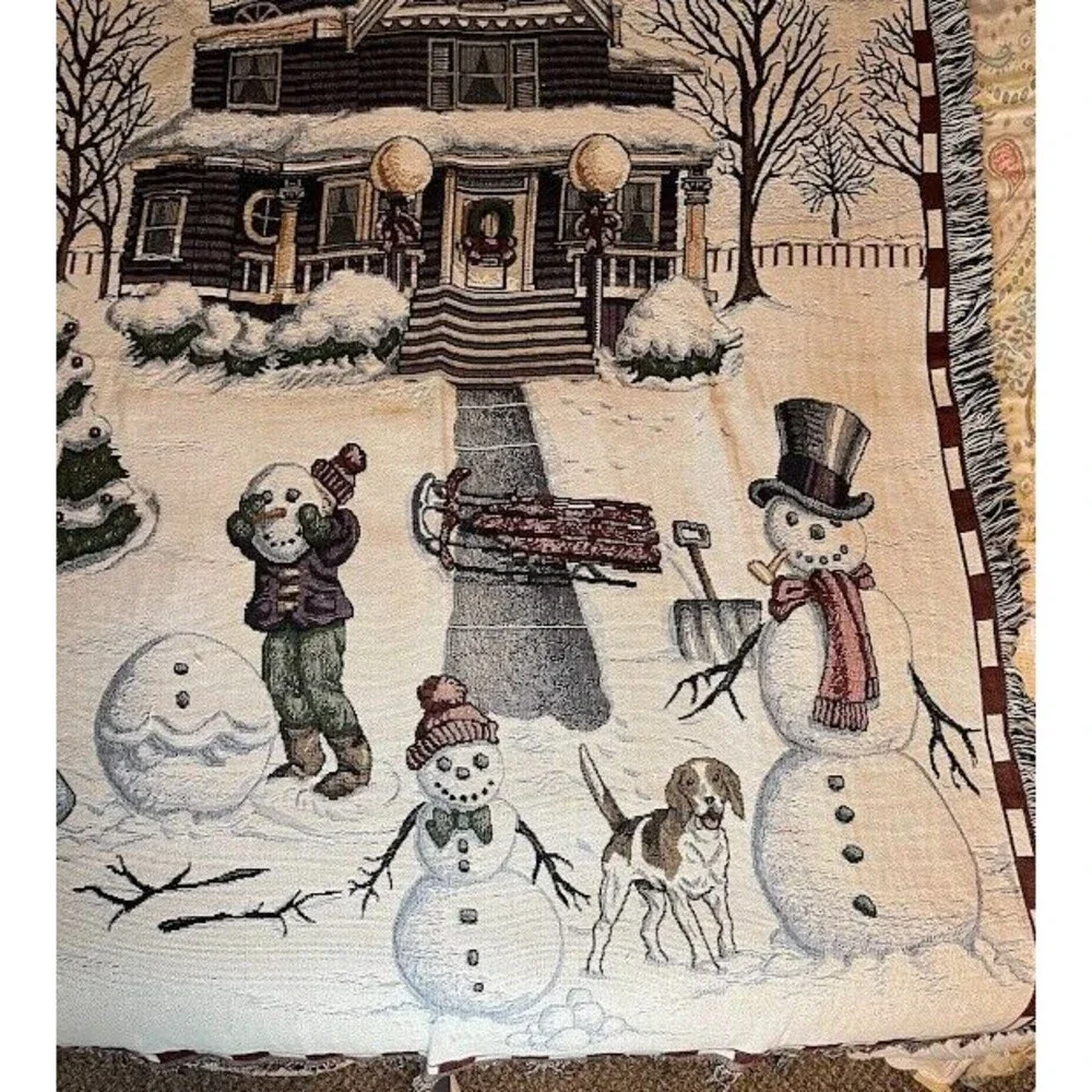 Snowman Tapestry Throw Blanket & Pillow Set Cozycore Cabincore Winter Christmas